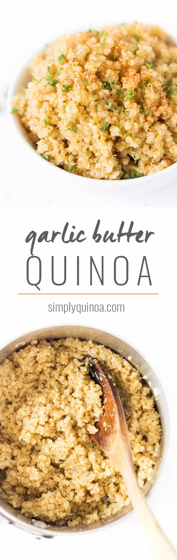 This FLUFFY garlic butter quinoa recipe is one of the easiest recipes you'll ever make! It uses just 5 ingredients, one pan and goes with everything!