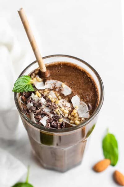 Chocolate Banana Smoothie topped with cacao nibs and coconut