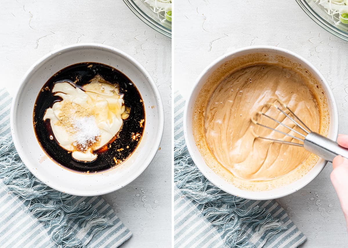 Side by side of soy sauce, mayonnaise, salt, ground ginger, and honey in a bowl, and all of those ingredients mixed together with a whisk in it