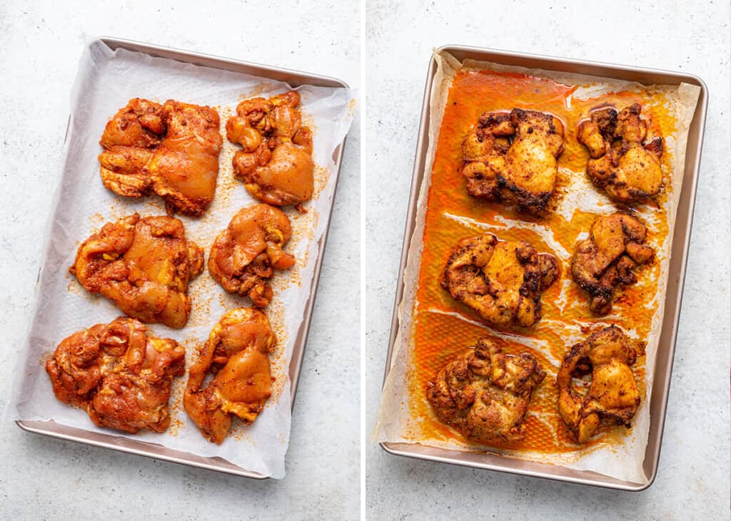 Side by side overhead views of unbaked and baked chicken thighs on parchment-lined sheet pan