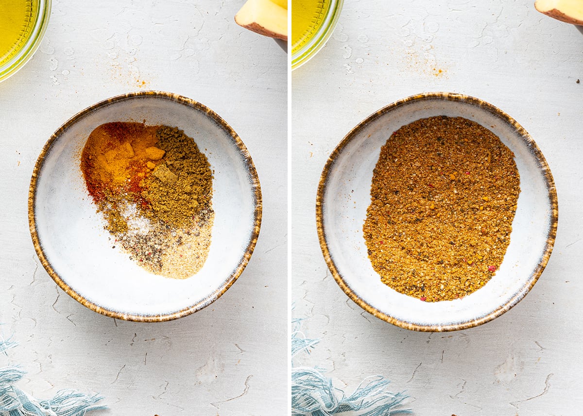 A side by side with a bowl full of the different spices for breakfast potatoes, and a bowl with the spices mixed together