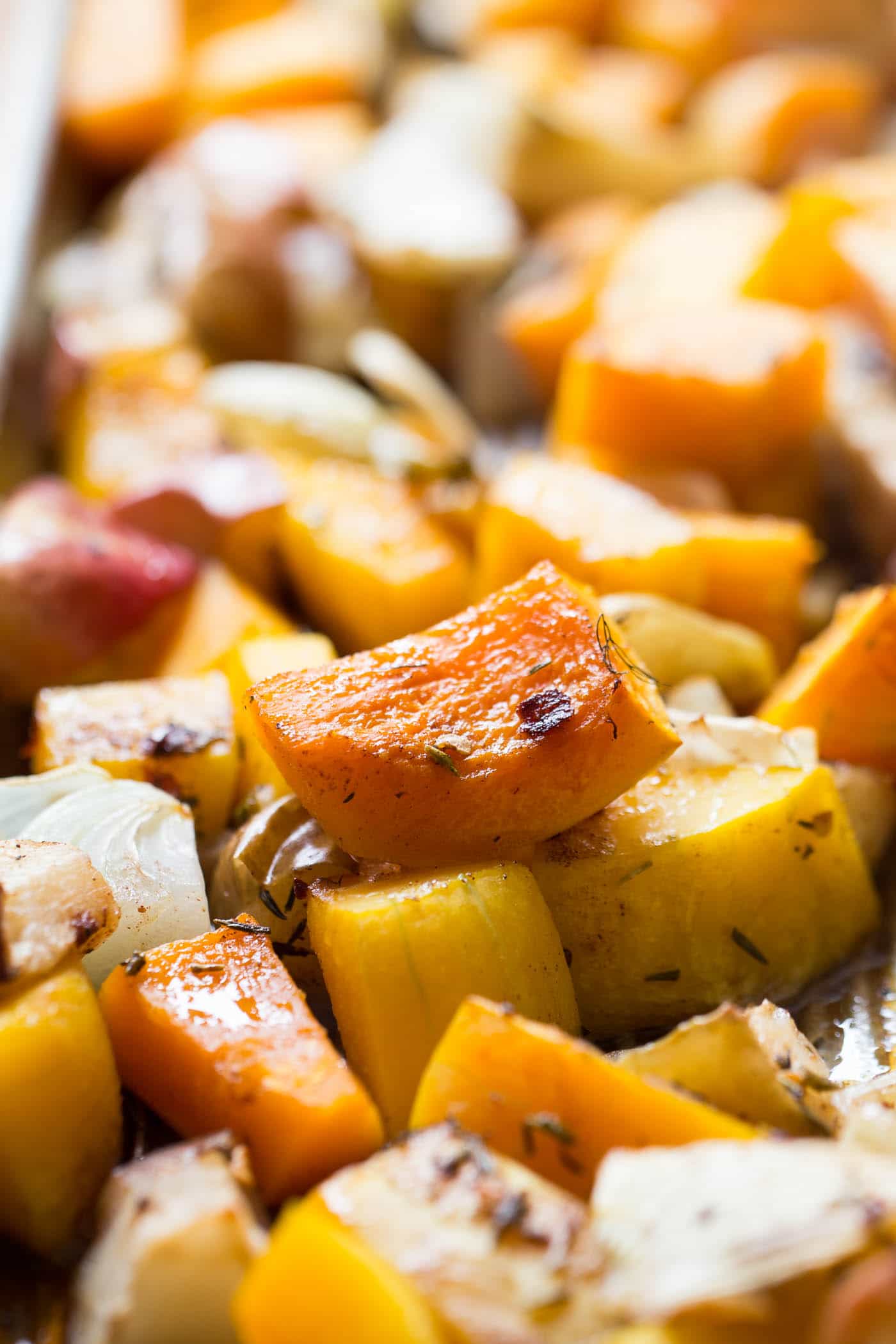 Roasted cubed squash, onions, fennel, and apples, coated in herbs and spices