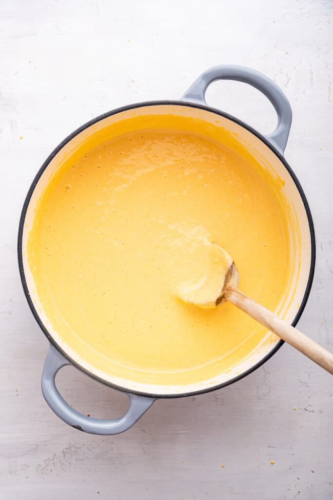 Overhead view of butternut squash cheese sauce in Dutch oven