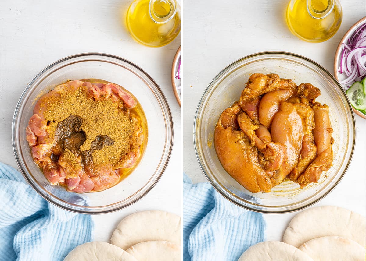 Two side-by-side photos of chicken in bowl with seasoning, before and after mixing