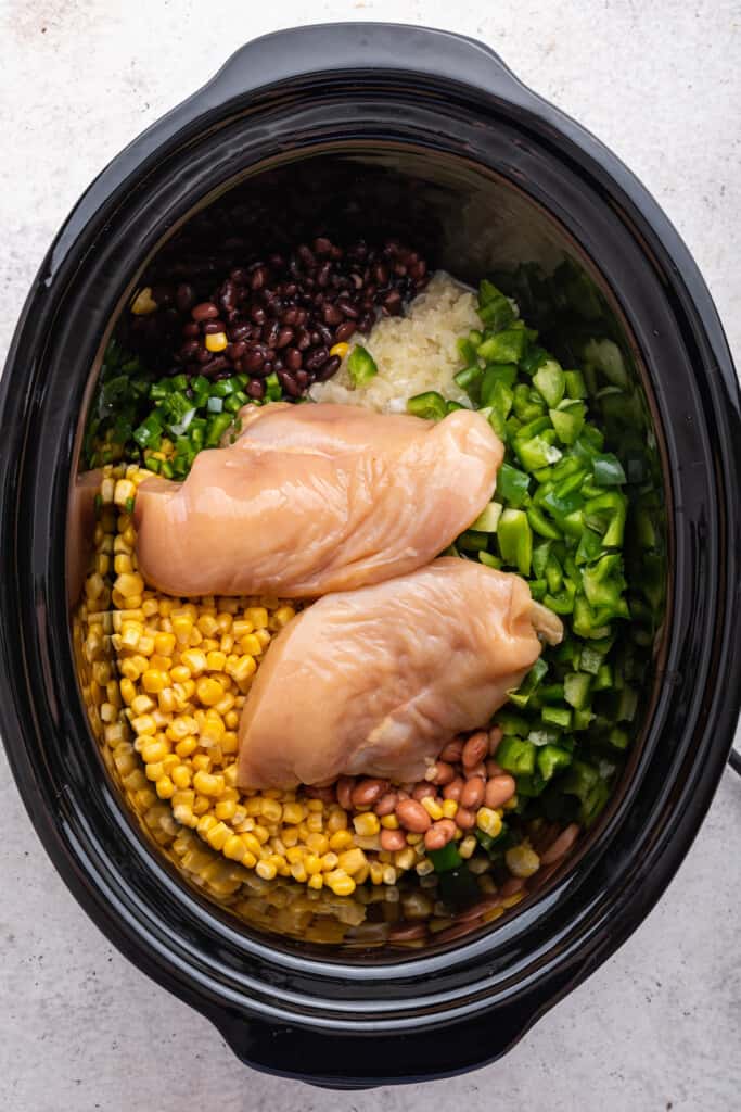 Overhead view of ingredients for chicken taco soup in slow cooker insert