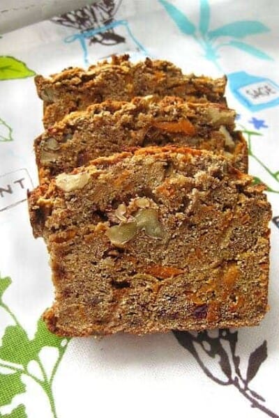 Three slices of carrot nut bread.