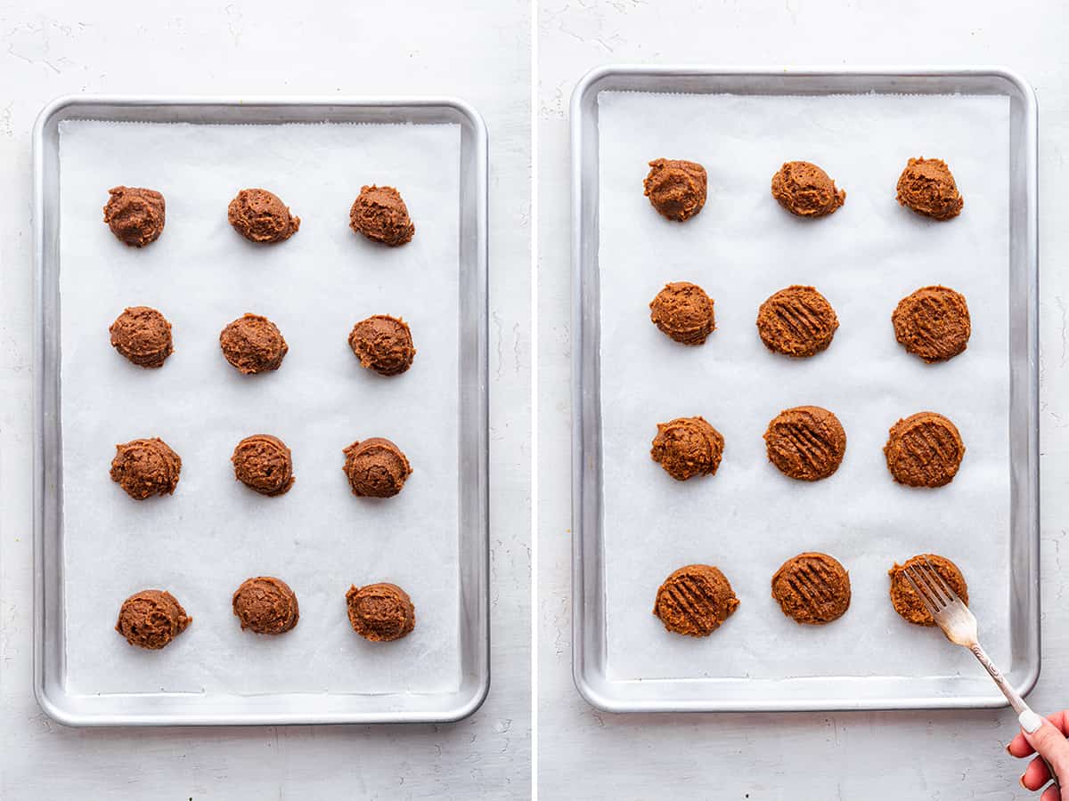Overhead view of pumpkin cookie dough on baking sheet; one before flattening and one after