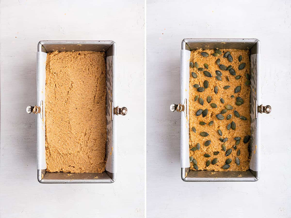 Side by side photos of pumpkin bread batter in pan, with right side topped with pepitas