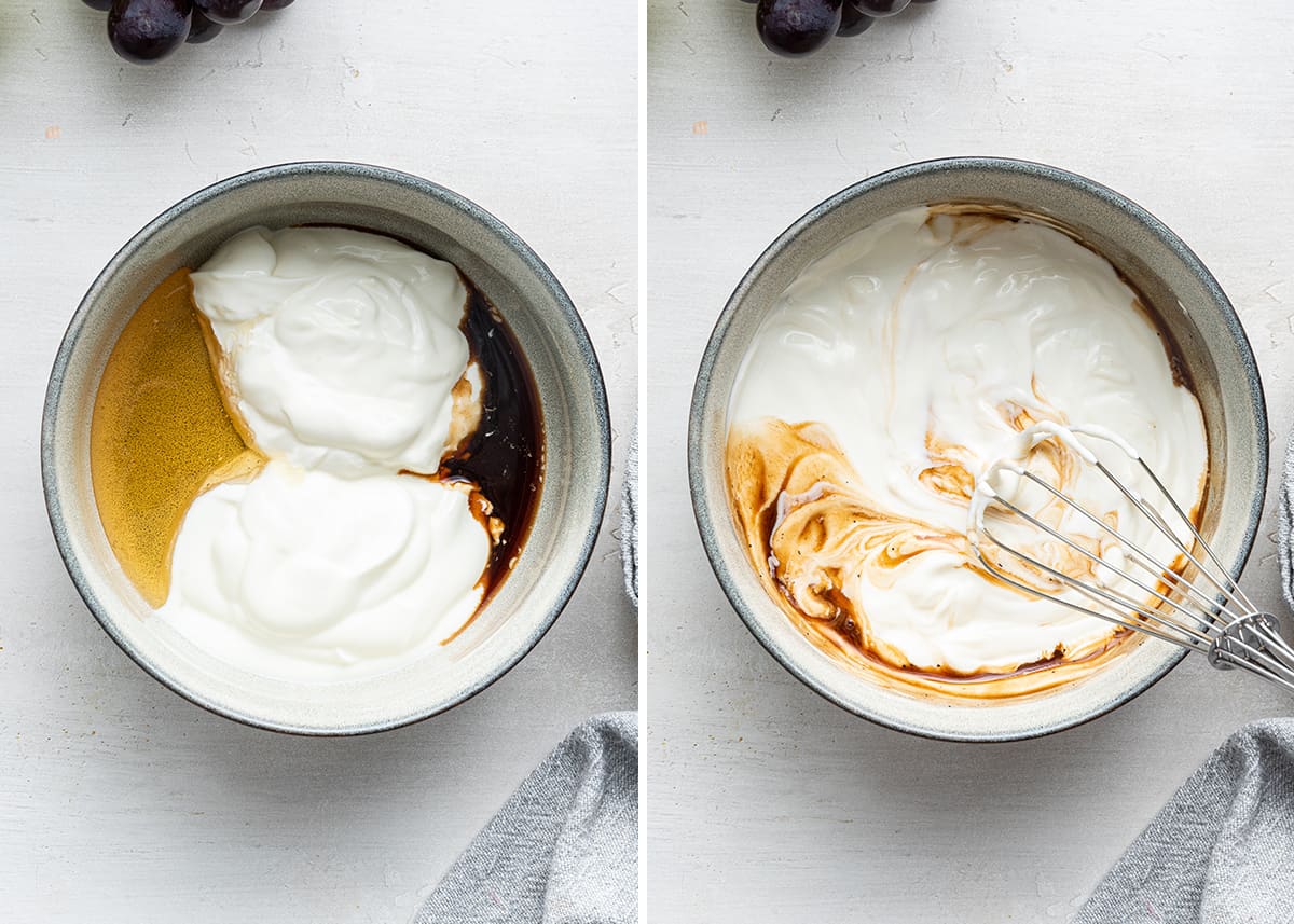 Side by side with a picture of Greek yogurt, sour cream, honey, and vanilla extract in a bowl, and a picture of a whisk mixing those ingredients together