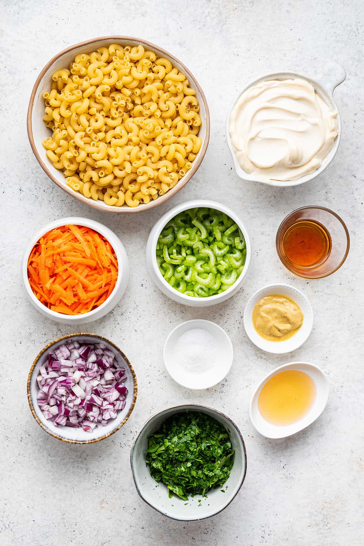 Overhead view of ingredients for Hawaiian macaroni salad