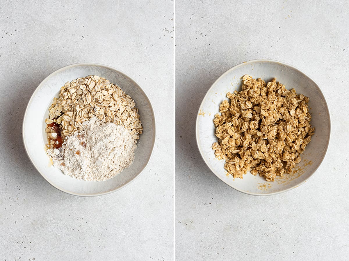 Side-by-side photos of unmixed crumb topping and mixed topping