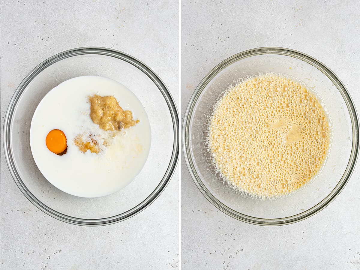Side-by-side photos of unmixed wet ingredients and mixed wet ingredients