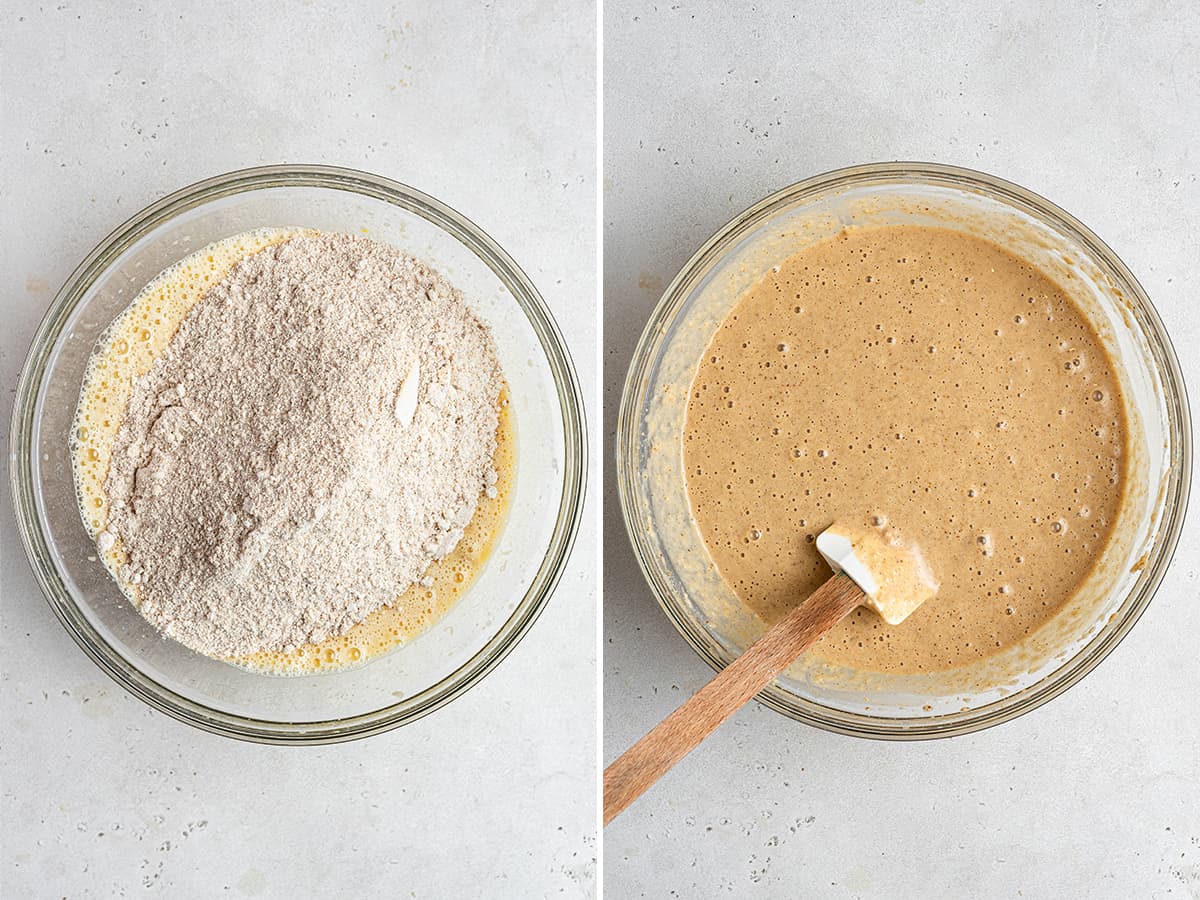 Side-by-side photos of dry ingredients added to muffin batter and dry ingredients stirred into batter