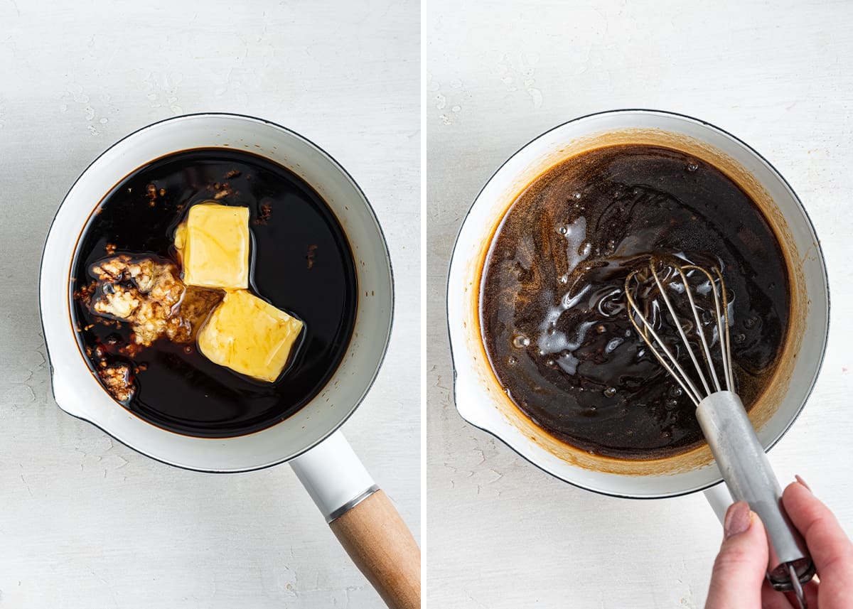 Side by side with a picture of a saucepan filled with honey, butter, soy sauce, and garlic, and a hand whisking all of those ingredients together in a saucepan