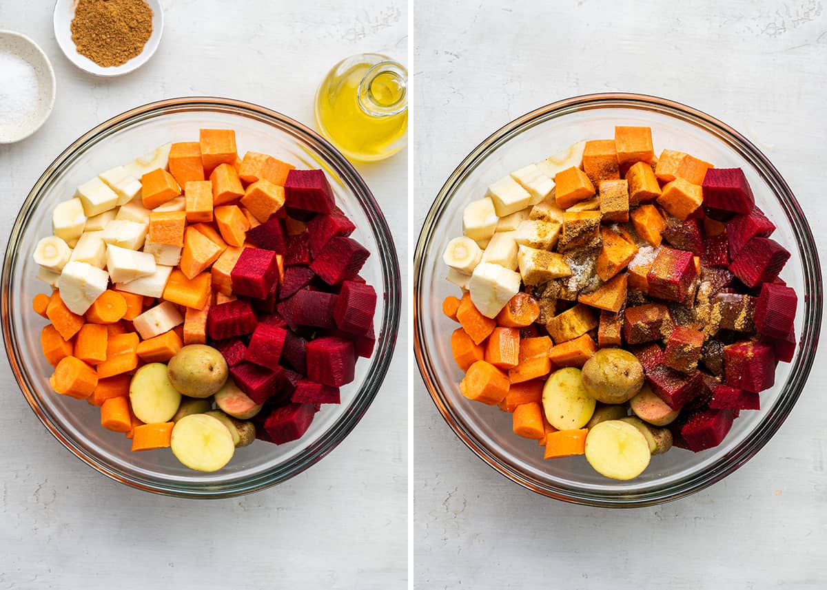 Side-by-side photos of unseasoned and seasoned raw root vegetables in glass bowl