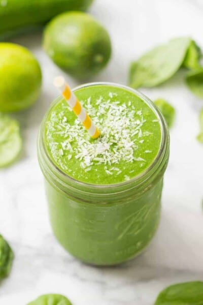 Pina Colada Green Smoothie with pineapple, spinach, lime and cucumber!