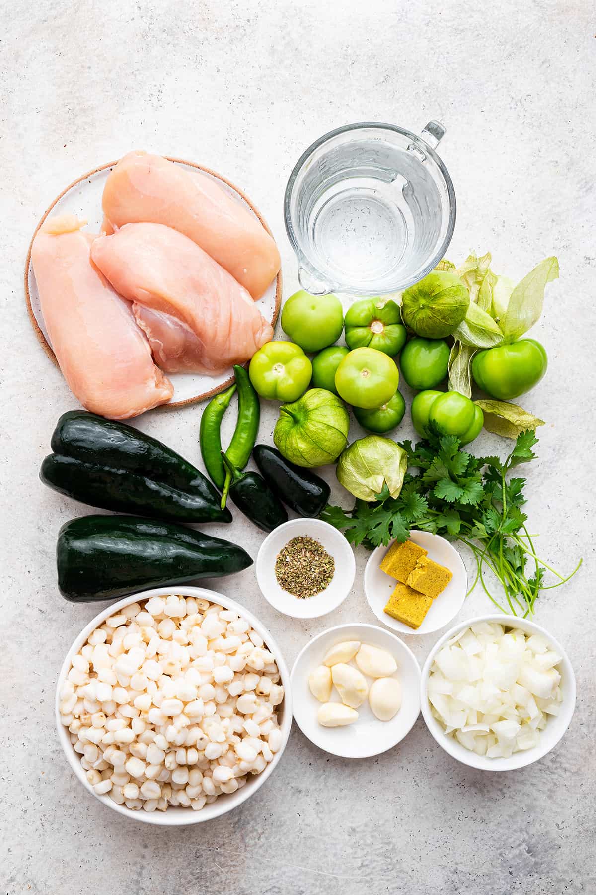 Overhead view of ingredients for pozole verde