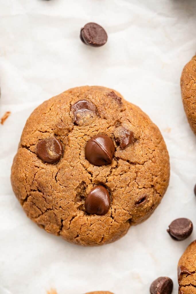 close up on a soft chocolate chip cookie