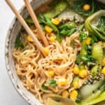Close up vegan ramen recipe with chopsticks