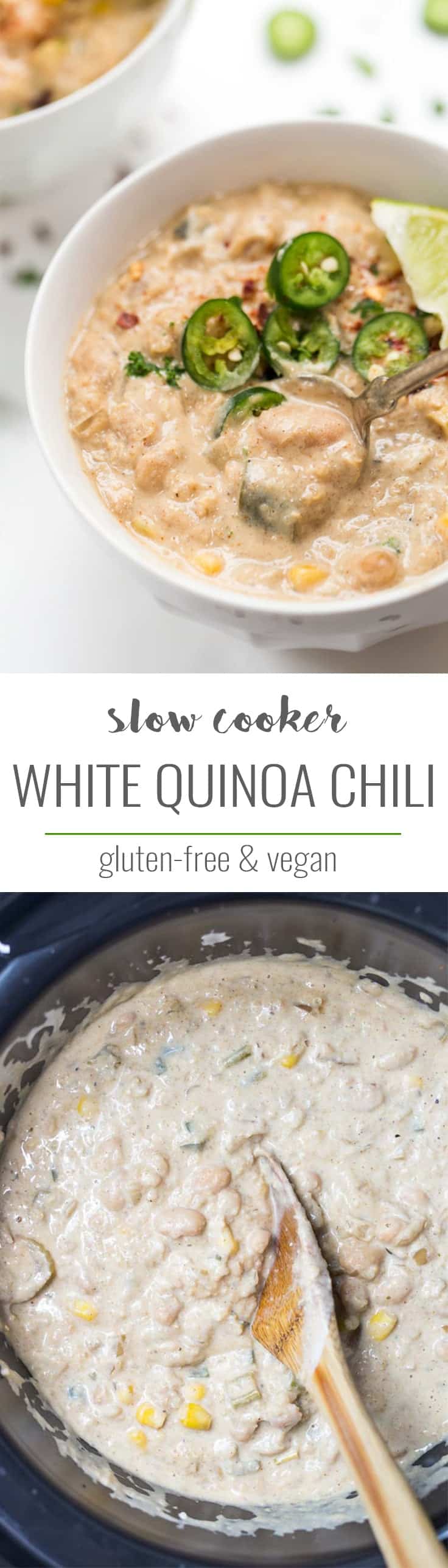 This SLOW COOKER Vegan White Quinoa Chili is a hearty, healthy and protein-packed that is perfect for game day! Not to mention it's absolutely delicious!