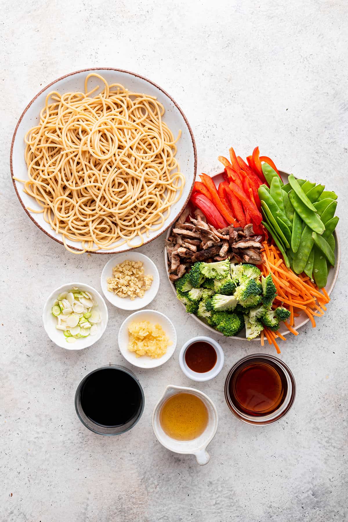 Overhead view of ingredients for vegetable lo mein