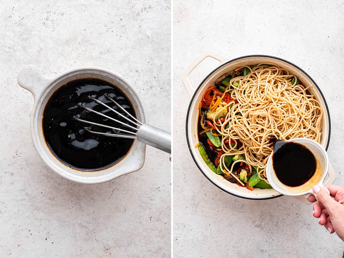 Side-by-side photos of lo mein sauce and pouring sauce into pot of noodles and veggies