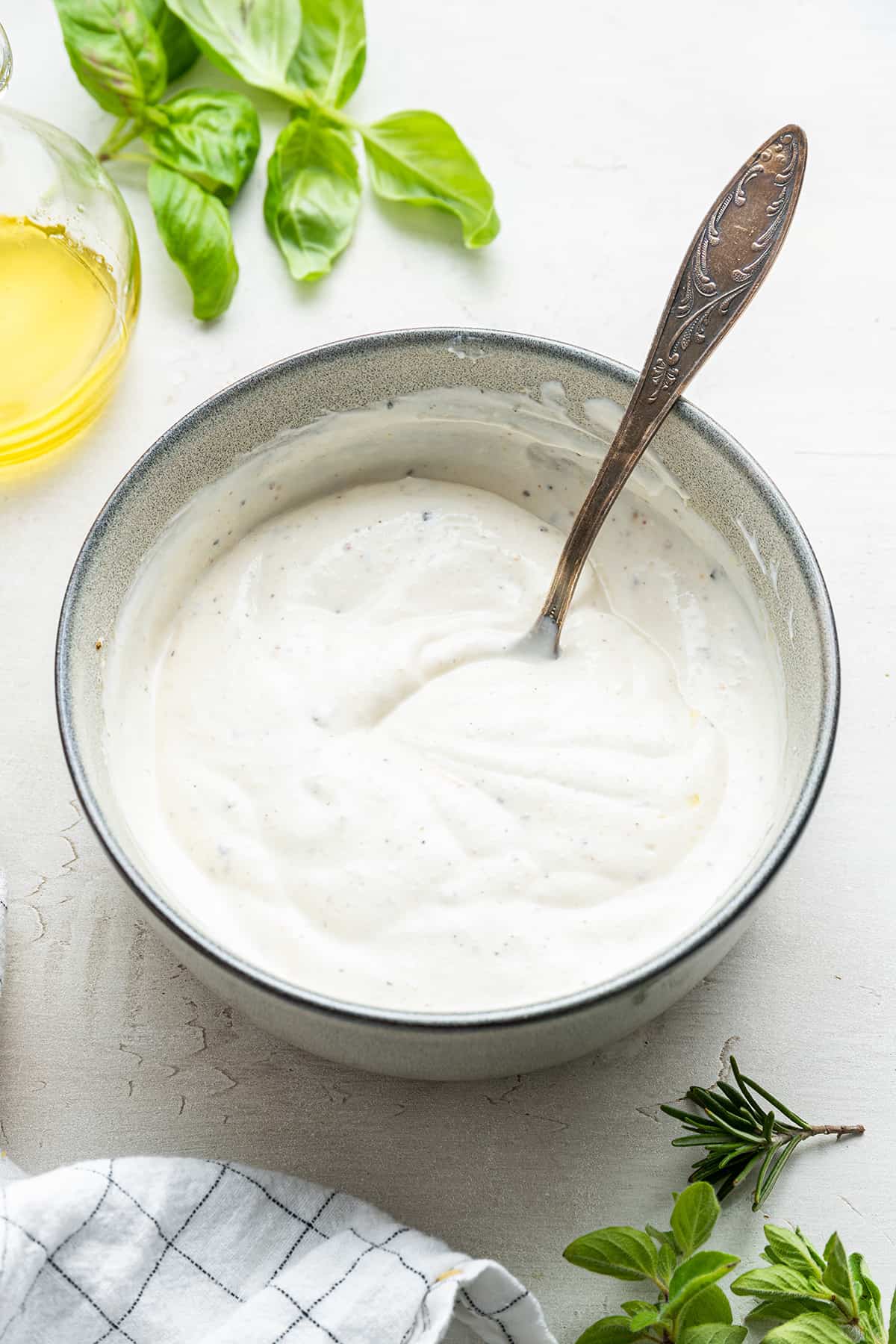 Greek yogurt dip in bowl with spoon