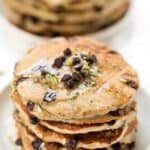 Healthy Zucchini Chocolate Chip Pancakes with syrup