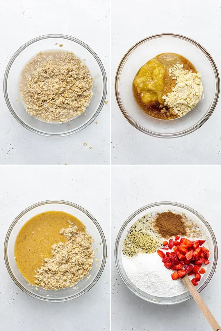 overhead collage of four steps to make strawberry banana oats