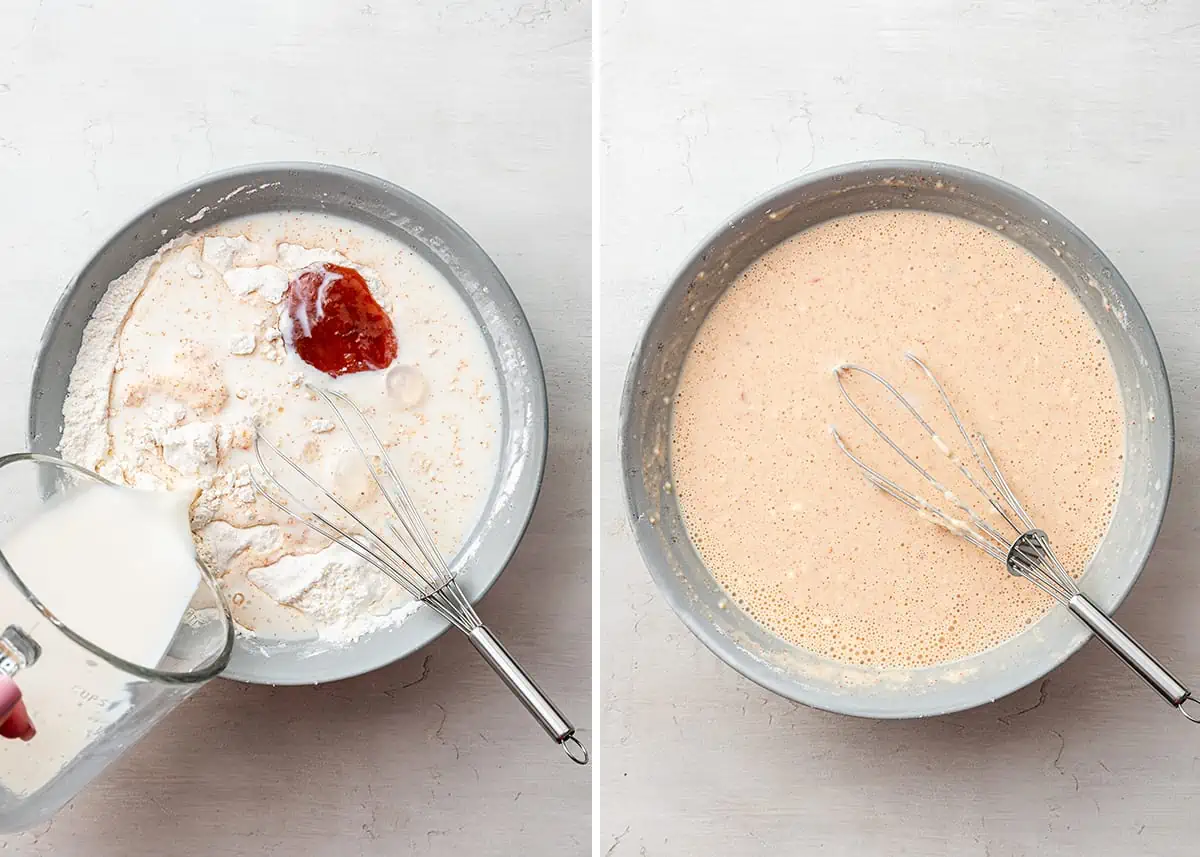 Side by side of a pyrex pouring almond milk into a bowl with seasonings, chili garlic sauce, and a whisk, and all of those ingredients whisked together with the whisk in the bowl