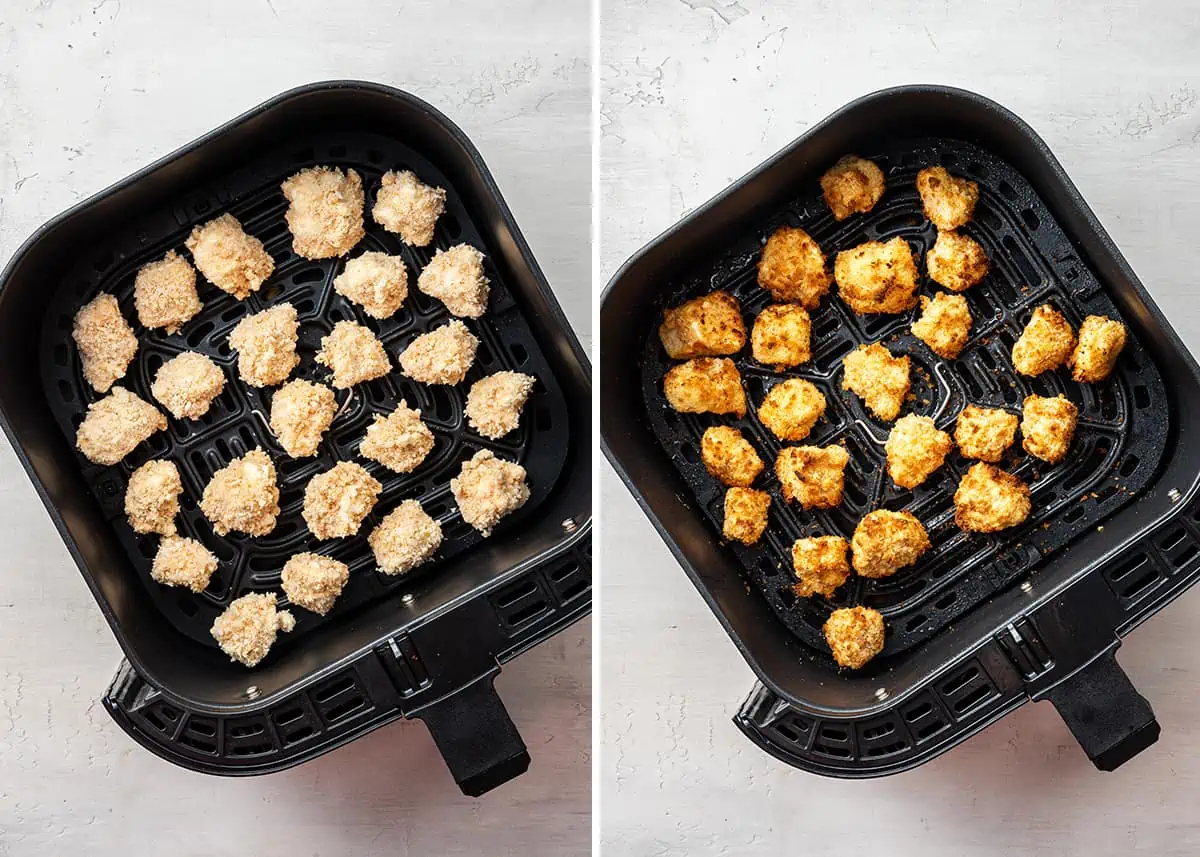 Side by side of an air fryer basket with breaded, uncooked cauliflower, and an air fryer basket with breaded, fried cauliflower