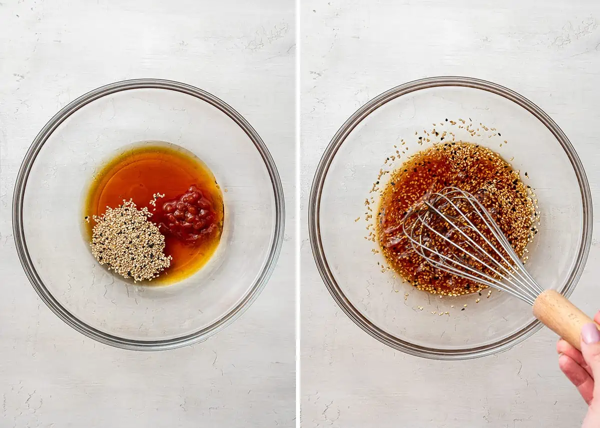 Side by side of a mixing bowl with sesame seeds, vinegar, chili garlic sauce, and maple syrup, and that bowl with a whisk whisking those ingredients together