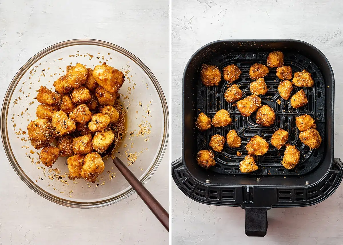 Side by side of a mixing bowl filled with cauliflower coated with glaze with a mixing spoon, and that cauliflower in the basket of an air fryer