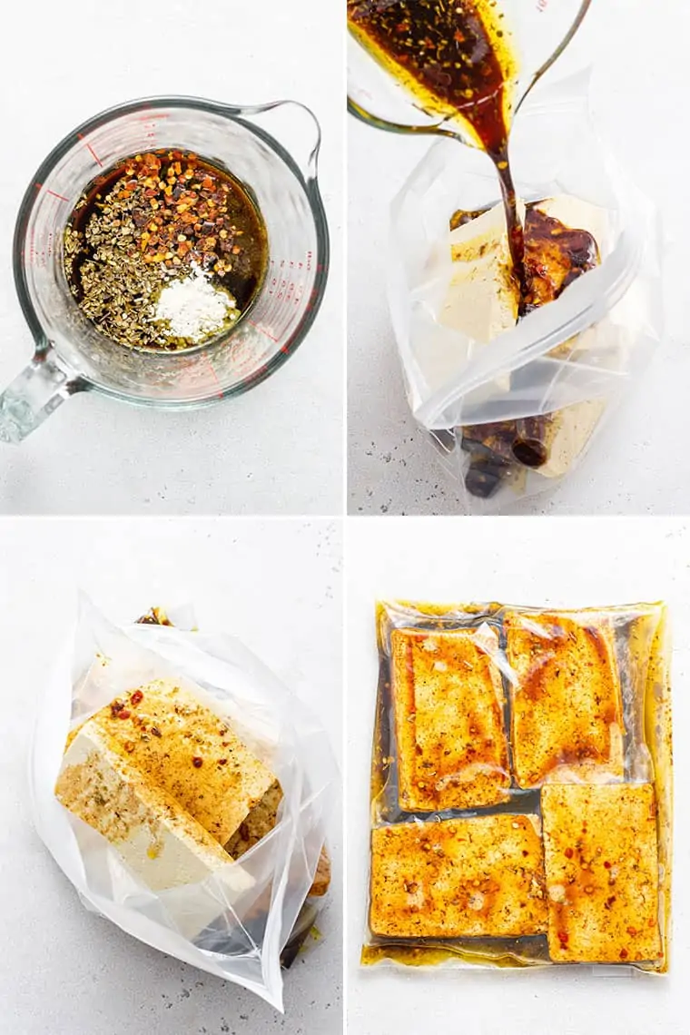 collage of the steps to marinate grilled tofu