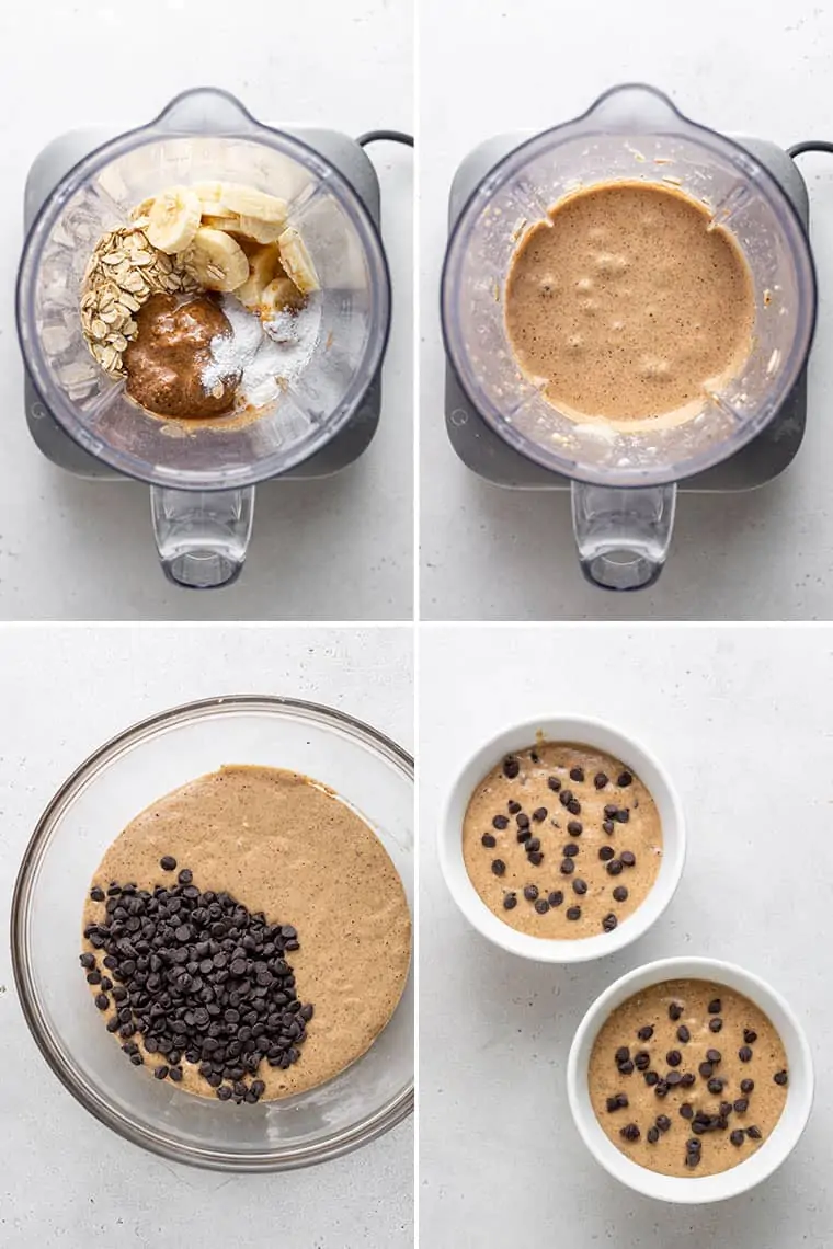 overhead of four images collaged with the steps to make vegan baked oatmeal with blended oats