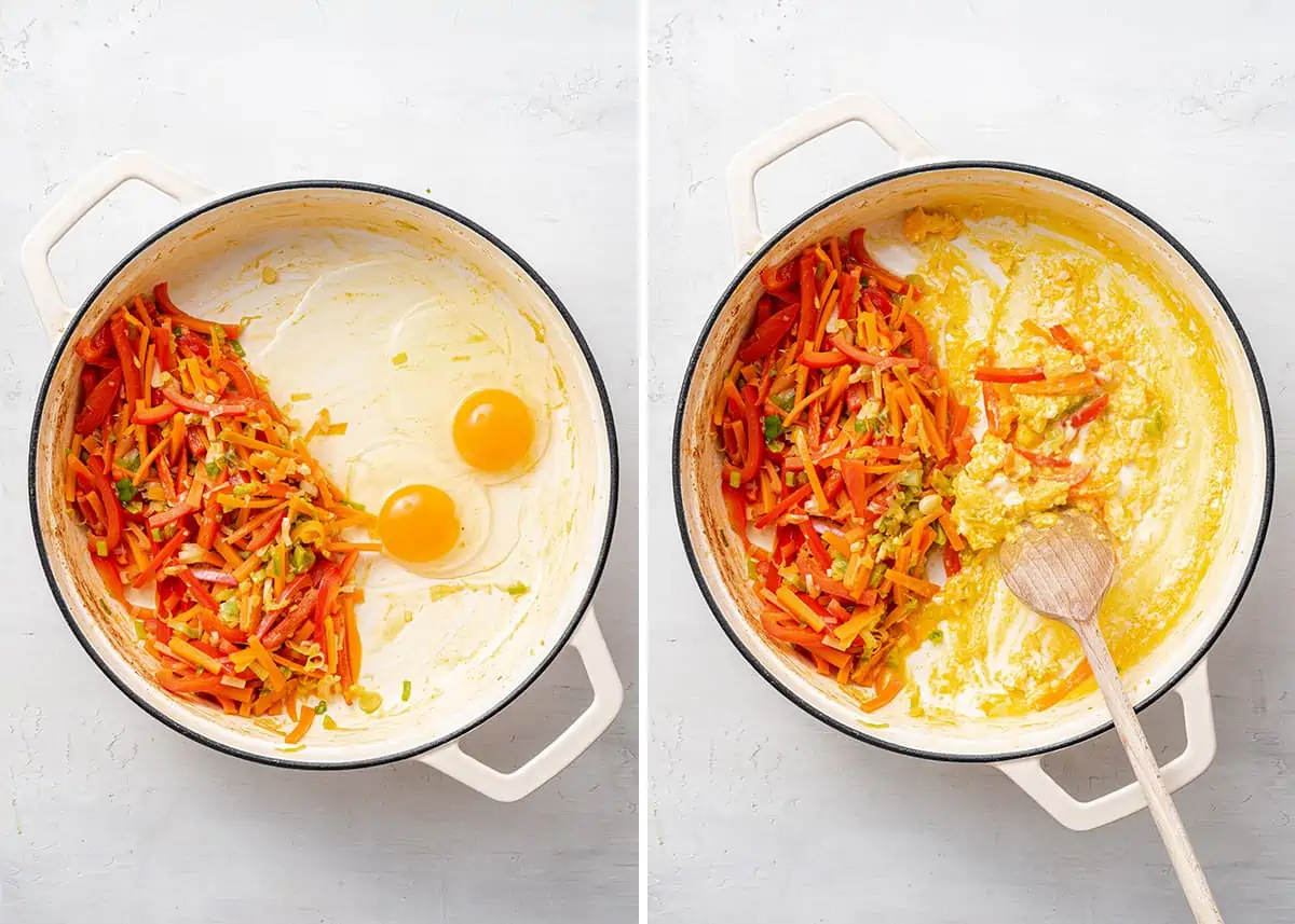 Side by side of a pot with cooked carrots, bell peppers, and green onions pushed to the sides, and two raw eggs cracked on the other side, and a pot with cooked carrots, bell peppers, and green onions pushed to one side, with scrambled eggs and a wooden spoon on the other side