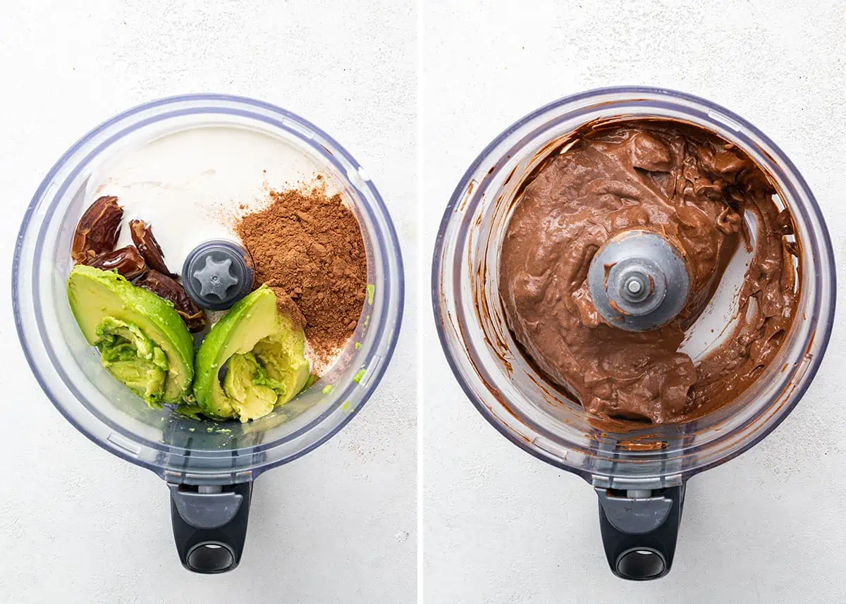 A side by side of a food processor filled with avocado, cocoa powder, salt, dates, and non-dairy milk, and a food processor with those ingredients blended together