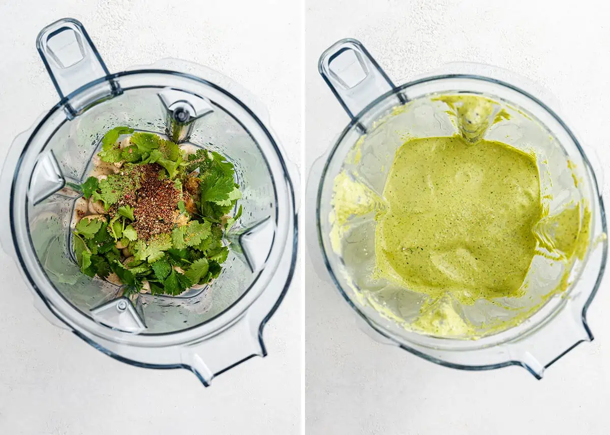 Side by side of a blender filled with cilantro, lime juice, cashews, water, salt, pepper, garlic powder, and chili powder, and all of those ingredients blended into a sauce