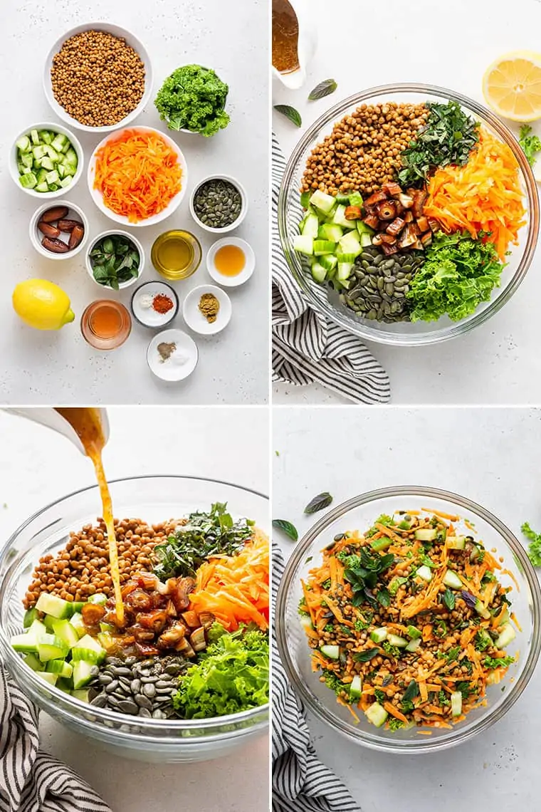collage of the steps to make lentil salad