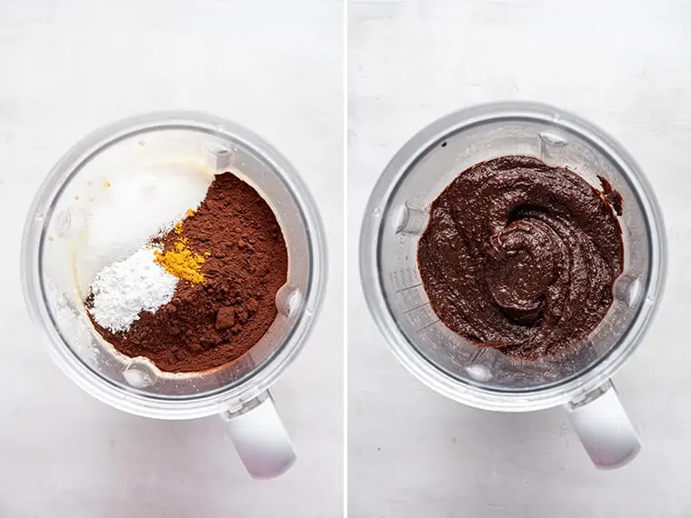 Flourless dark chocolate cake batter in the food processor before and after being mixed