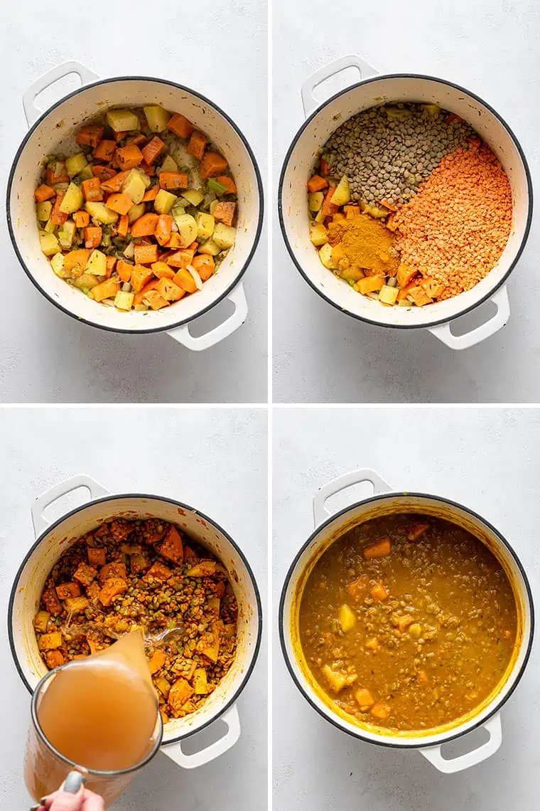 Four photos showing process of making detox turmeric lentil soup