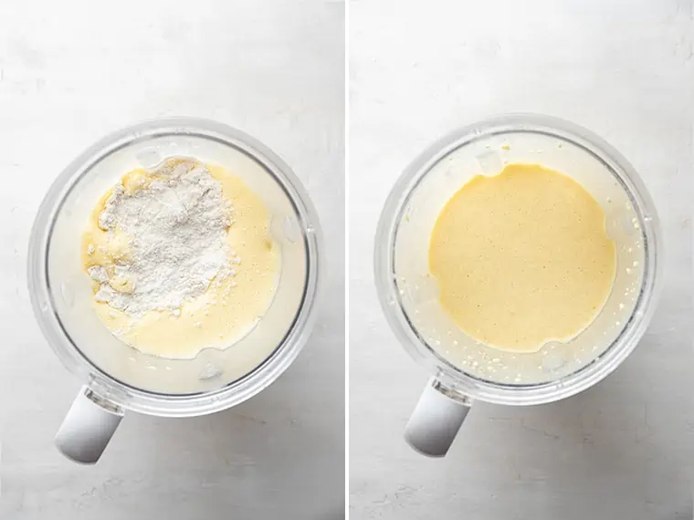 A side by side with an image of wet ingredients in a blender with a pile of flower on them, next to an image of the flour blended into the batter