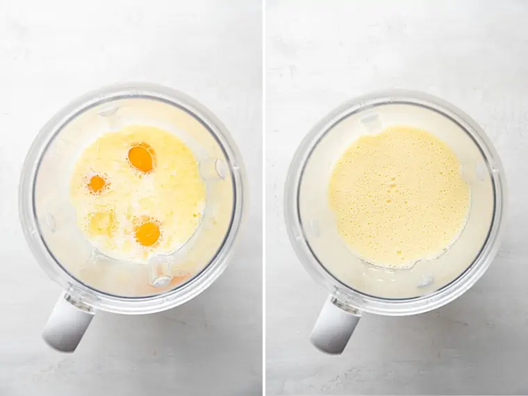 A side by side with an image of eggs, milk, butter, and salt in a blender, but not blended, next to an image of the ingredients blended together