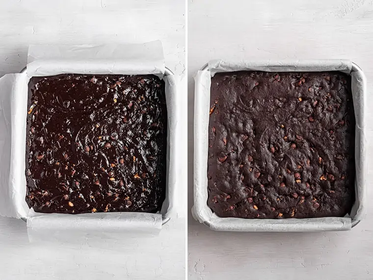 brownies before and after baking in pan