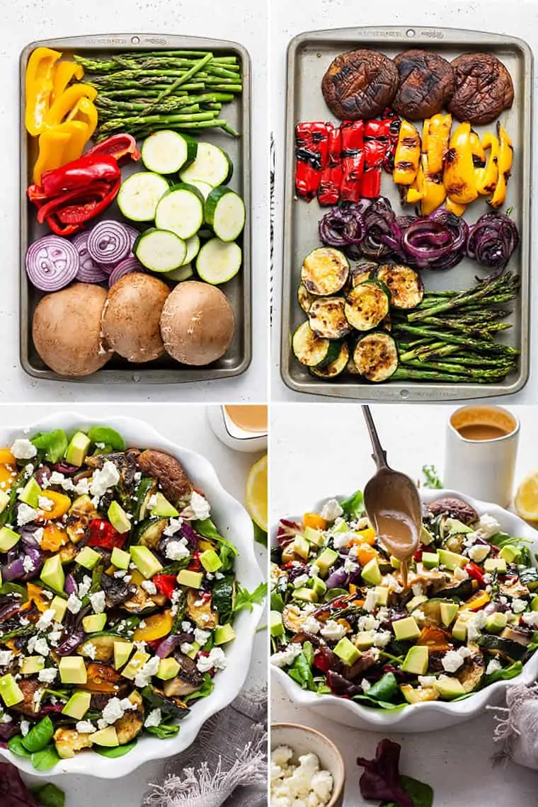 Four pictures: first, a baking sheet filled with bell pepper slices, zucchini slices, red onion slices, asparagus, and portobello mushroom caps; second, a baking sheet with those same ingredients, but grilled; third, a salad bowl with greens, grilled veggies, crumbled feta, and avocado cubes; and fourth, that salad with a spoon drizzling salad dressing over it 