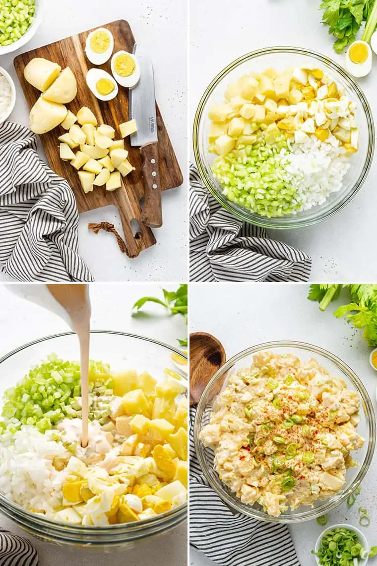 A collage of four pictures: first, boiled eggs and potatoes cut up on a cutting board with a knife; second, boiled eggs and potatoes with diced onions and celery in a mixing bowl; third, a dressing being poured into that mixing bowl; and fourth, an overhead view of potato salad in a bowl