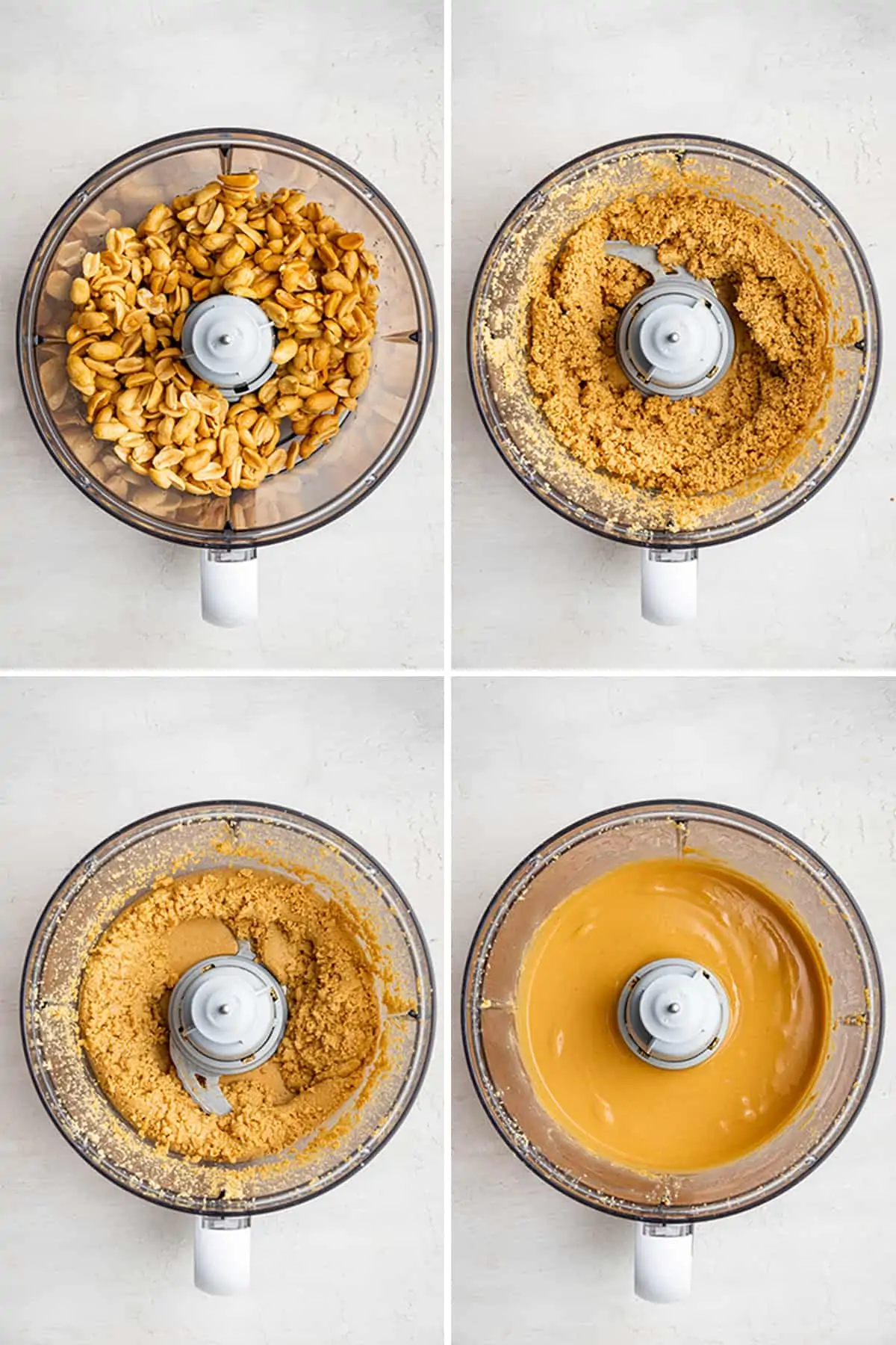 A food processor filled with honey roasted peanuts at four different stages of blending: unblended, coarsely blended, smooth but with some chunks, and creamy
