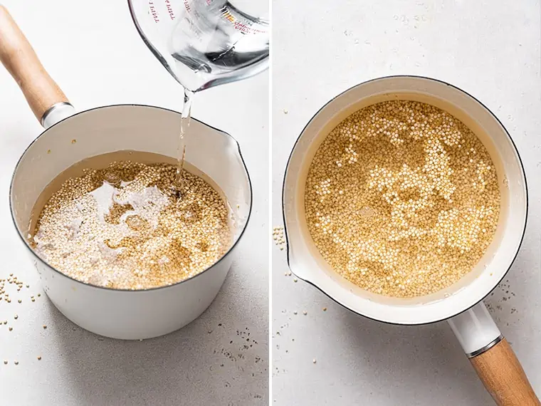 Side by side of a pyrex pouring. water into a saucepan with uncooked quinoa, and an overhead view of a saucepan with water and uncooked quinoa