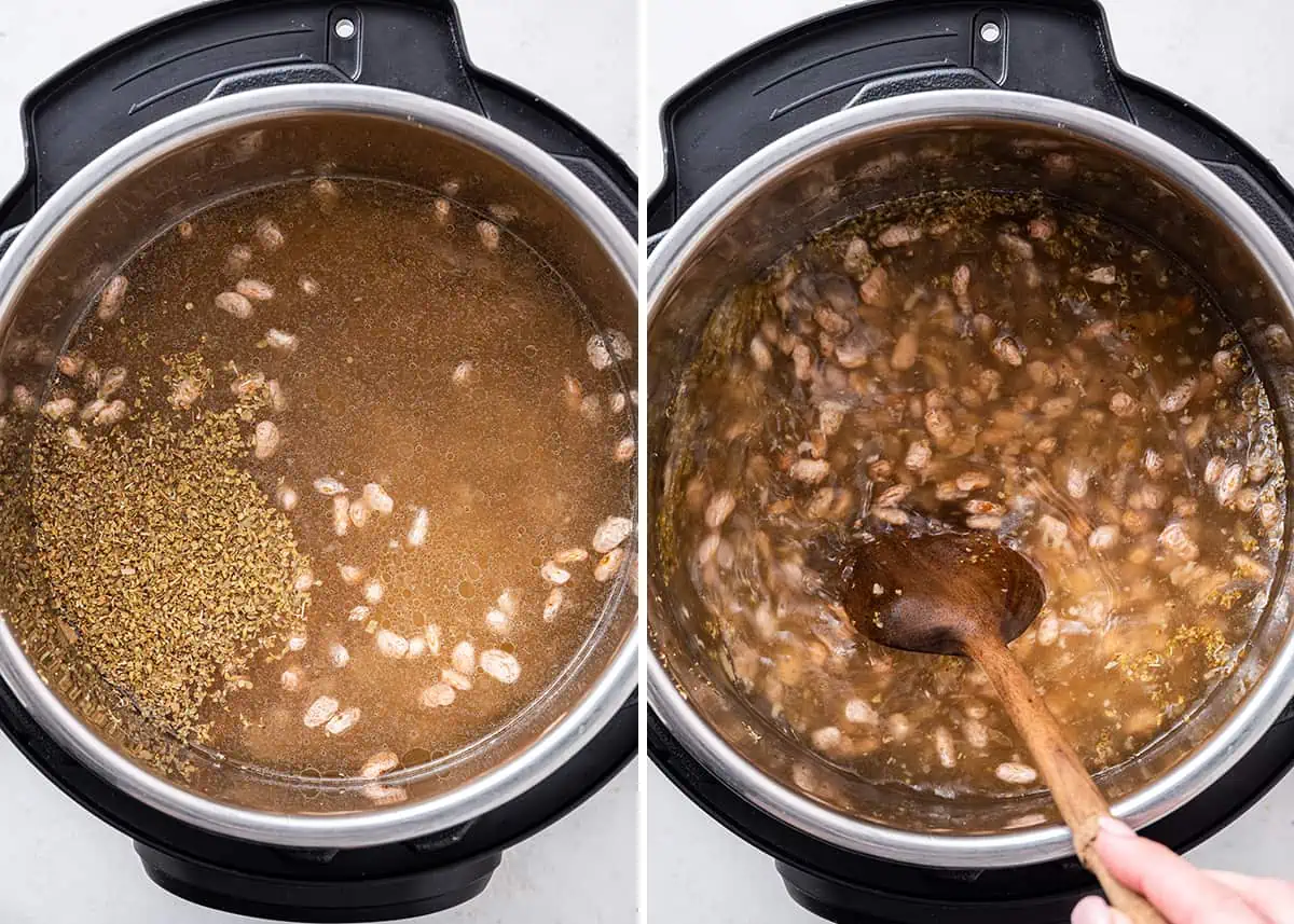 Side by side overhead views, with beans and broth in an Instant Pot, and beans and broth in an Instant Pot while a wooden spoon stirs them together
