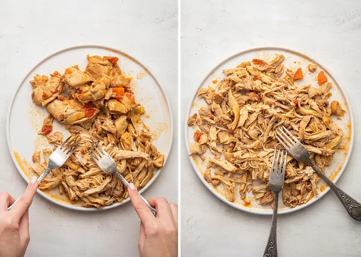 Side by side of two hands and forks in the act of shredding cooked chicken thighs, and a two forks on a plate of shredded chicken